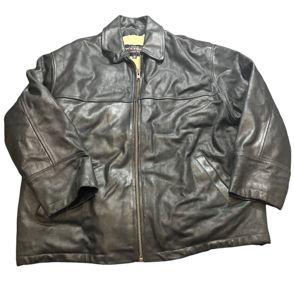 Wilsons Leather Jacket Mens XL‎ Black Sherpa Lined Faux Fur Zip Up Biker Moto